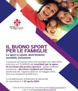 "Il Buono Sport", sostegno economico del Comune di Firenze alla pratica sportiva dei giovani