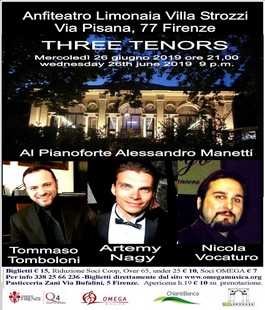 Omaggio ai Three Tenors: Tomboloni, Nagy e Vocaturo in concerto alla Limonaia